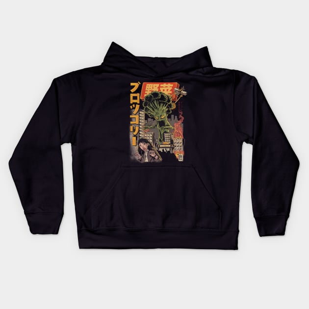 The Broccozilla Black - Broccoli Attack Kids Hoodie by Ilustrata